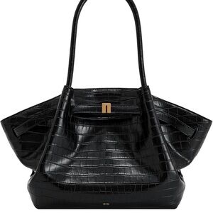 JW PEI Black Croc-Embossed Shoulder Tote with Gold Accent
